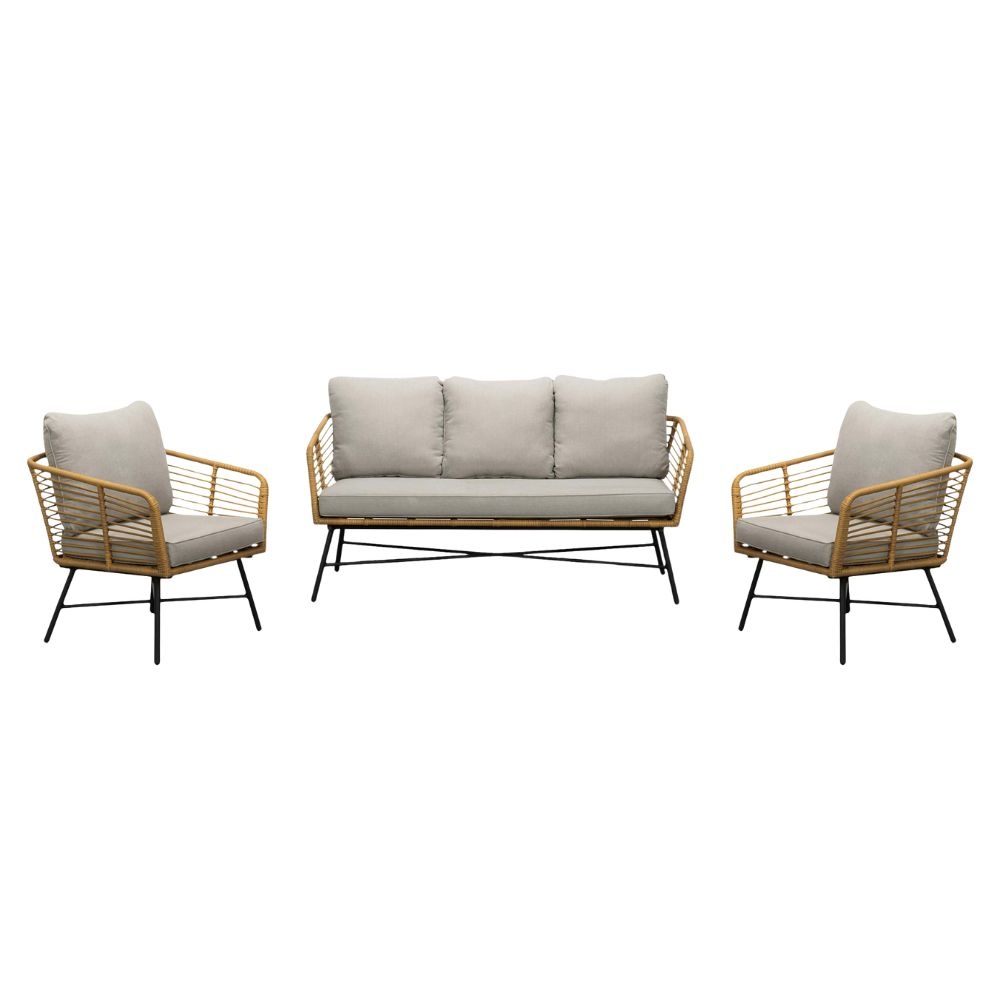 Flow/Roundi stoel-bank loungeset met vuurtafel 5 personen | wicker + aluminium | Bamboo taupe | 3-delig