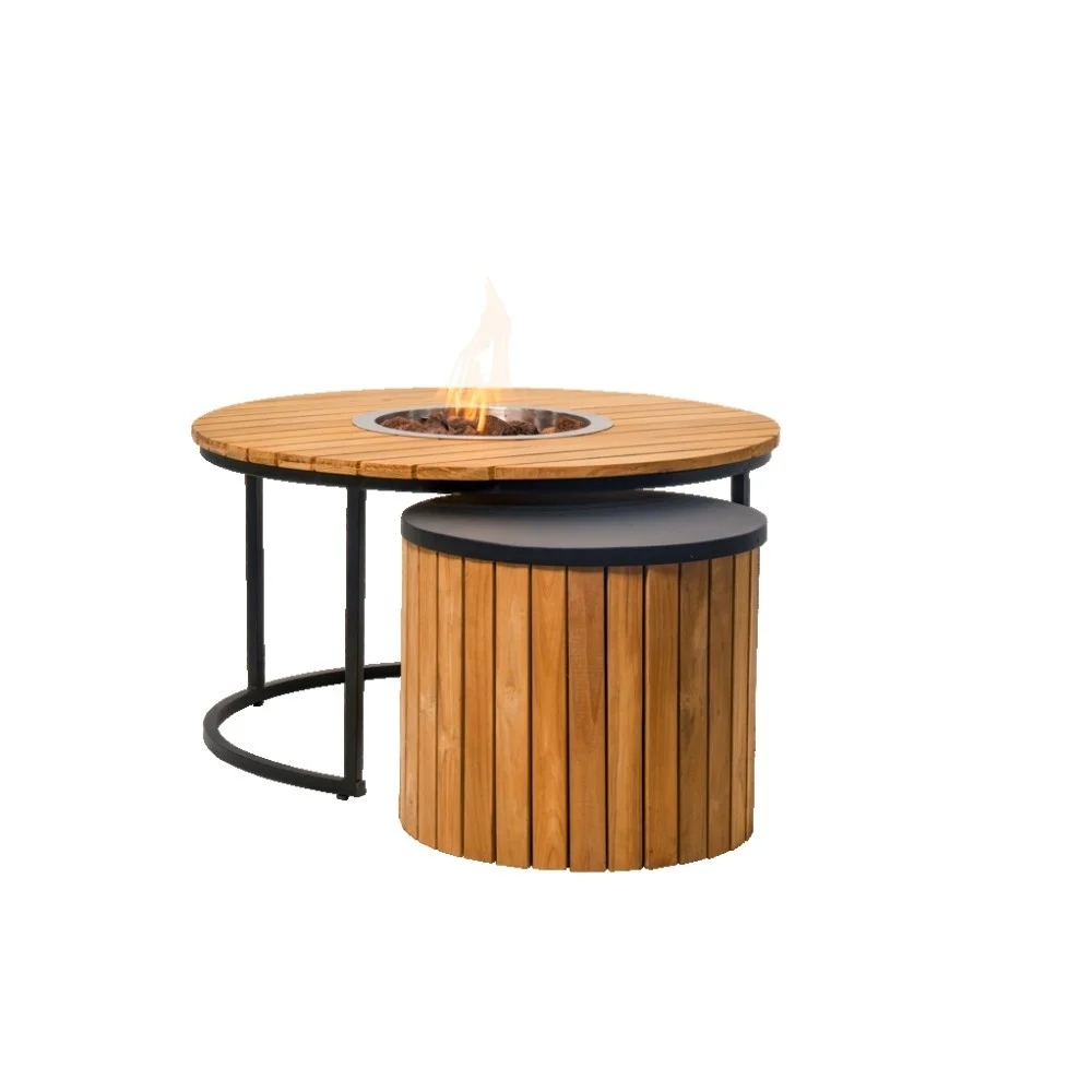 Flow/Roundi stoel-bank loungeset met vuurtafel 5 personen | wicker + aluminium | Bamboo taupe | 3-delig