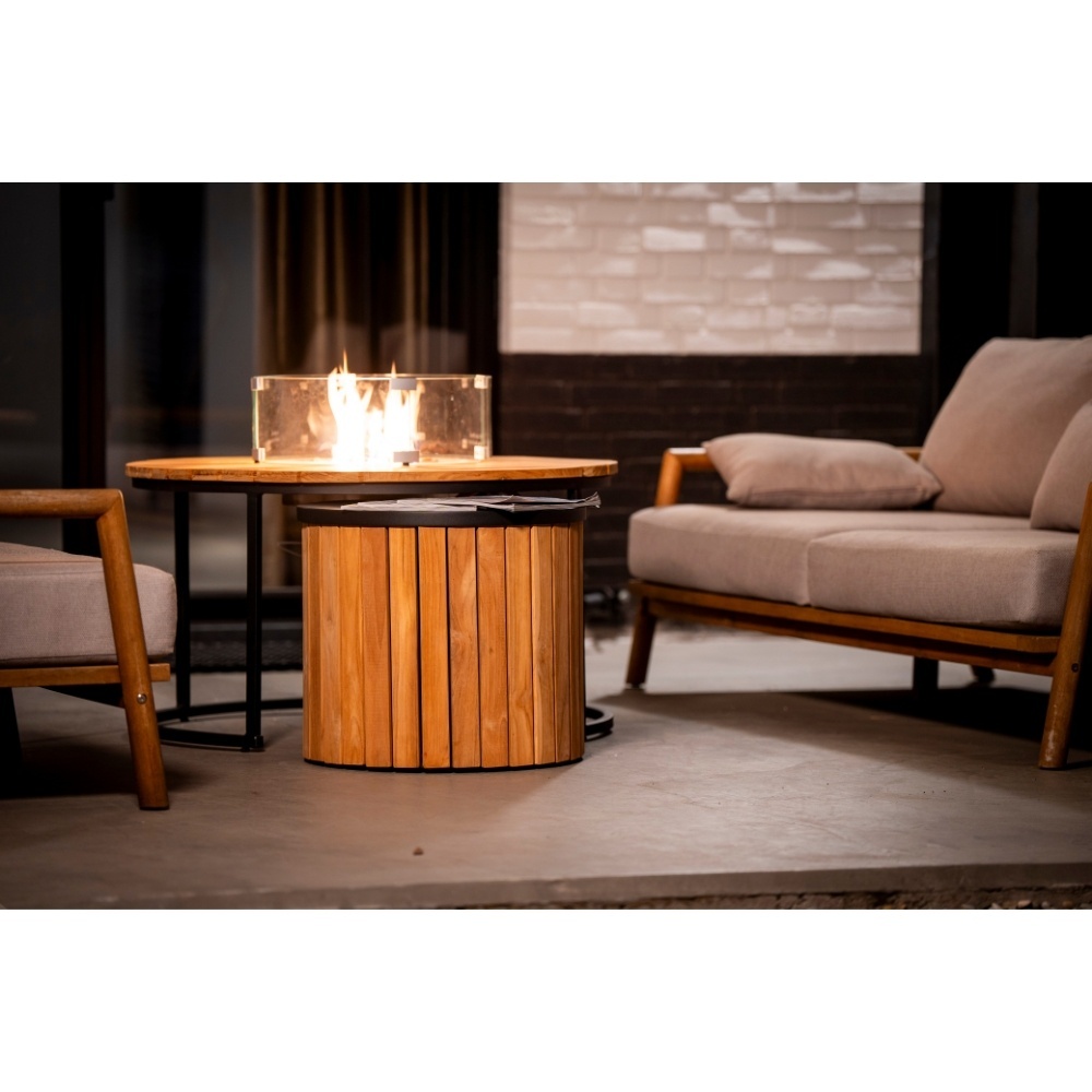 Flow/Roundi stoel-bank loungeset met vuurtafel 5 personen | wicker + aluminium | Bamboo taupe | 3-delig