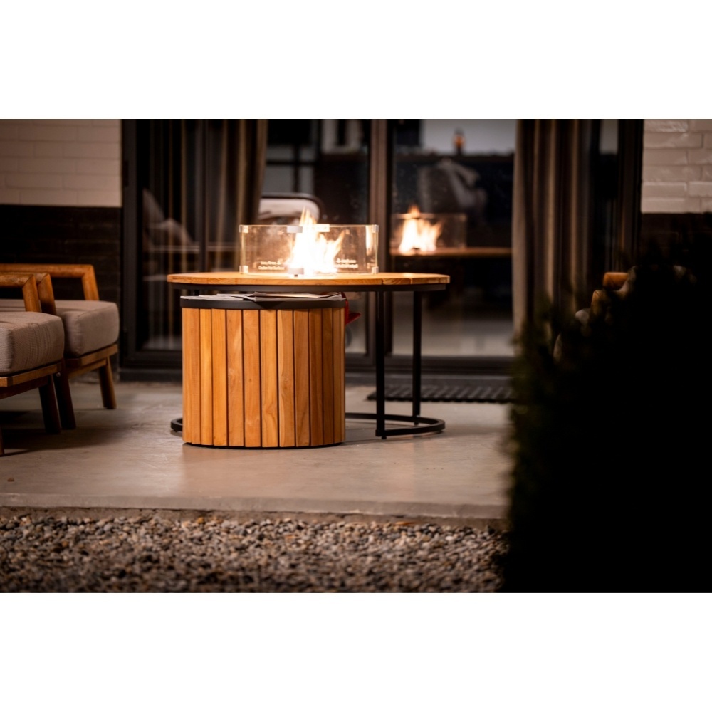 Flow/Roundi stoel-bank loungeset met vuurtafel 5 personen | wicker + aluminium | Bamboo taupe | 3-delig