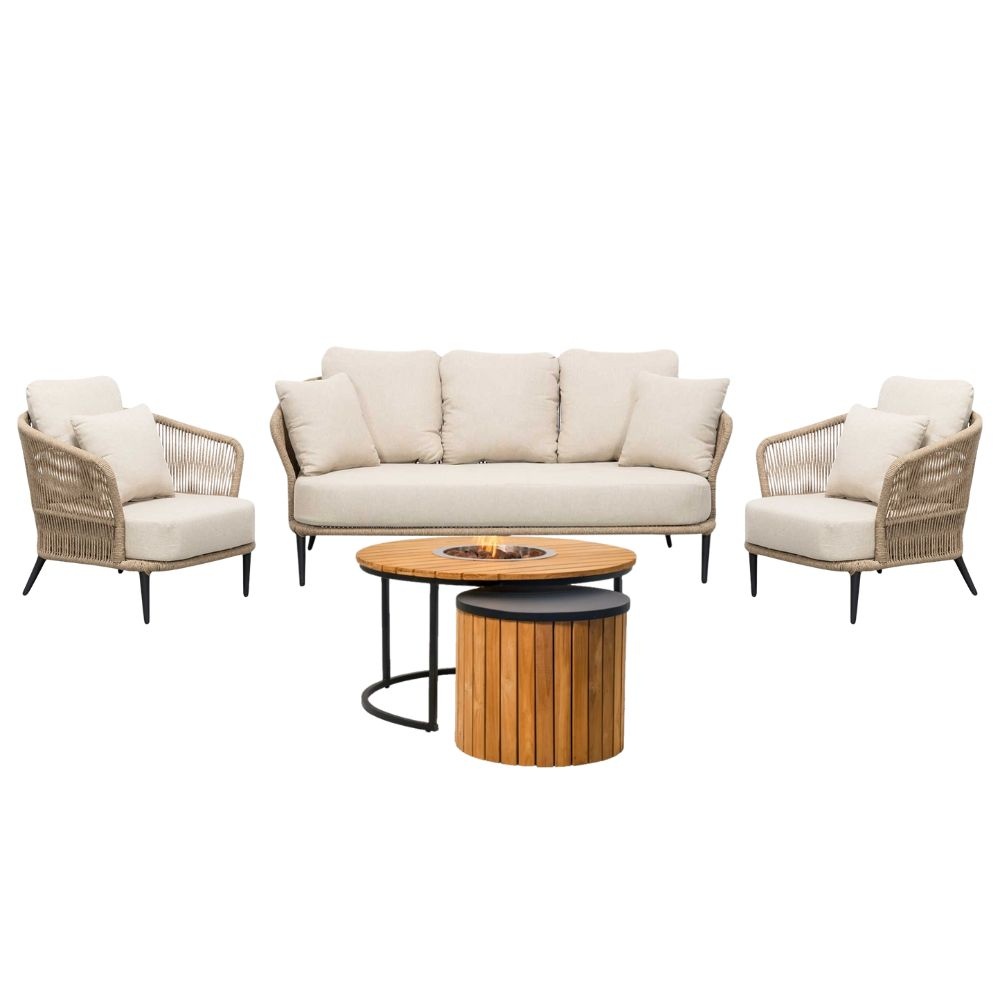 Palermo/Roundi stoel-bank loungeset met vuurtafel 5 personen | aluminium + touw | Sahara Dust | 5-delig