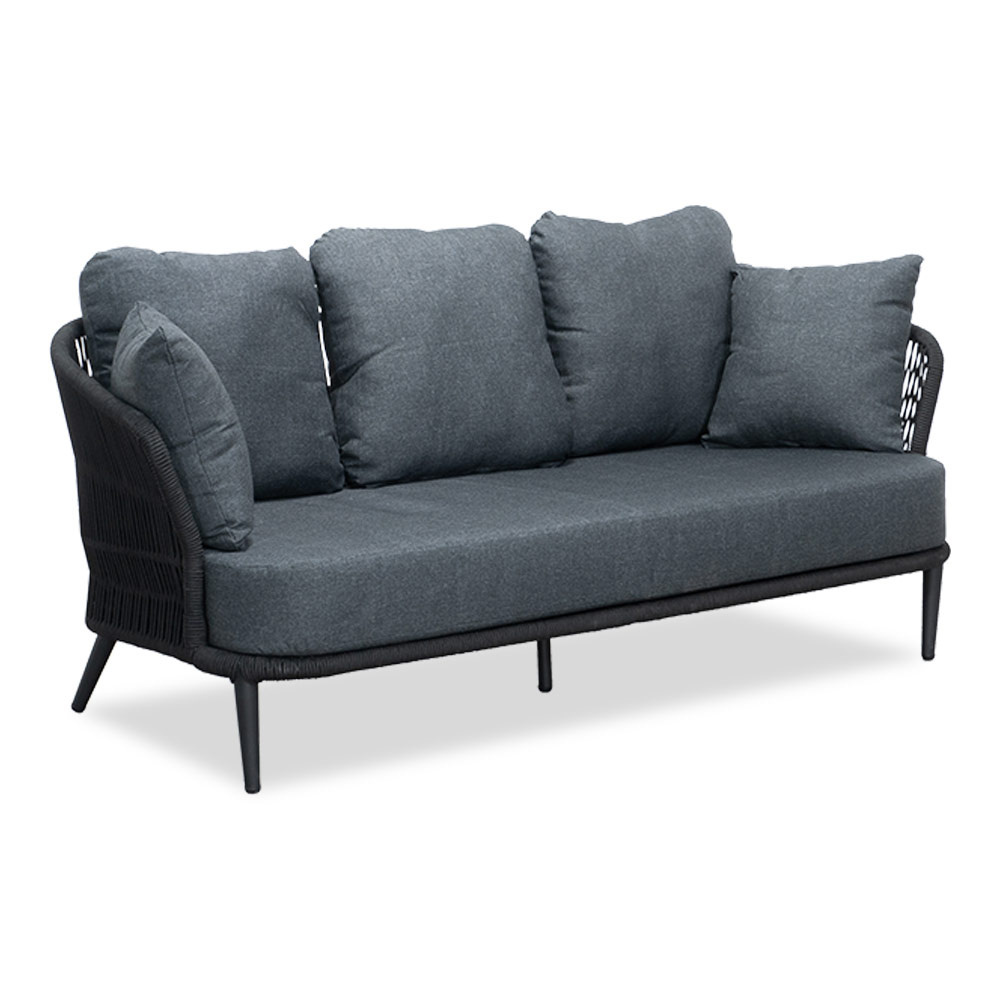 Palermo/Roundi stoel-bank loungeset met vuurtafel 5 personen | aluminium + touw | zwart | 5-delig