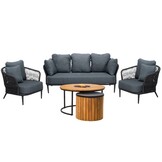 Palermo/Roundi stoel-bank loungeset met vuurtafel 5 personen | aluminium + touw | zwart | 5-delig