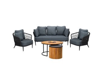 Palermo/Roundi stoel-bank loungeset met vuurtafel 5 personen | aluminium + touw | zwart | 5-delig