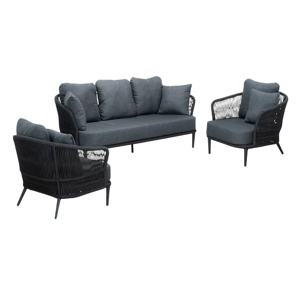 Palermo/Roundi stoel-bank loungeset met vuurtafel 5 personen | aluminium + touw | zwart | 5-delig