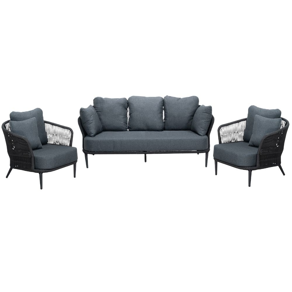 Palermo/Roundi stoel-bank loungeset met vuurtafel 5 personen | aluminium + touw | zwart | 5-delig