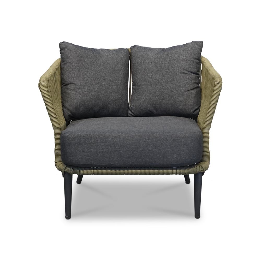 Palermo/Roundi stoel-bank loungeset met vuurtafel 5 personen | aluminium + touw | olijfgroen | 5-delig