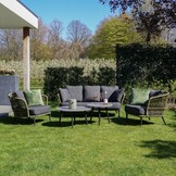 Palermo/Roundi stoel-bank loungeset met vuurtafel 5 personen | aluminium + touw | olijfgroen | 5-delig