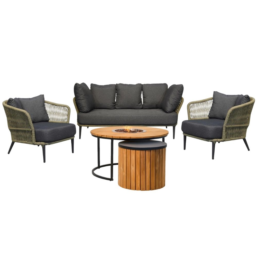 Palermo/Roundi stoel-bank loungeset met vuurtafel 5 personen | aluminium + touw | olijfgroen | 5-delig afbeelding