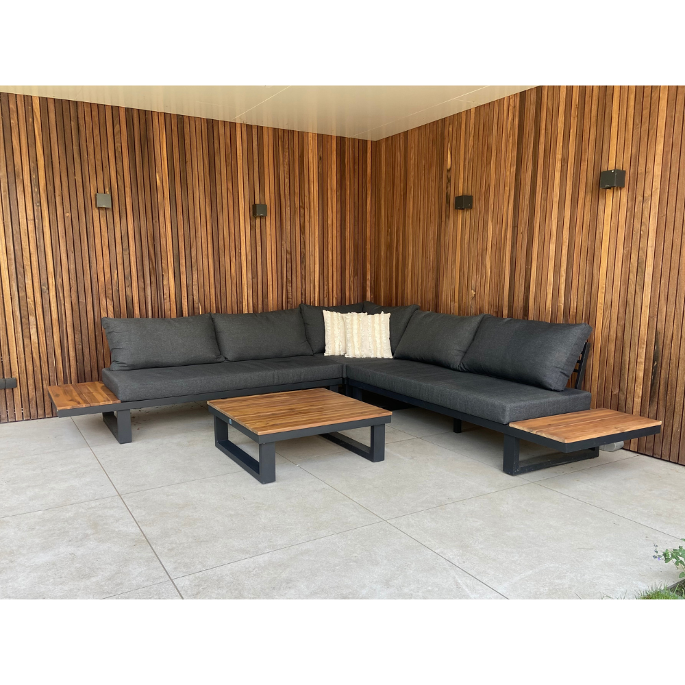 Canyon/Mida hoek loungeset met vuurtafel 5 personen | aluminium + hardhout | antraciet/Light Teaklook | 4-delig - 288x288cm