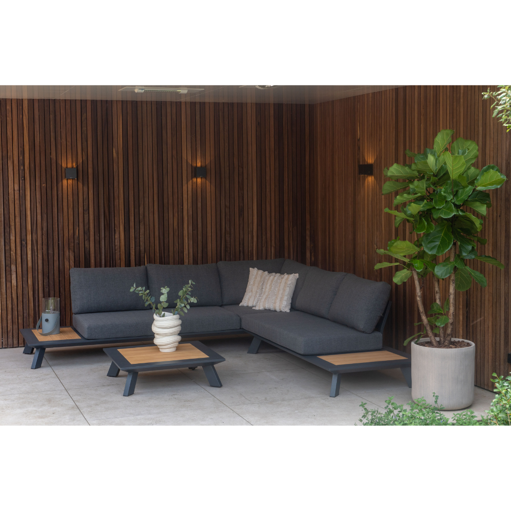 Fermo/Mida hoek loungeset 5 personen | aluminium + teakhout | met vuurtafel | 3-delig - 277x277cm