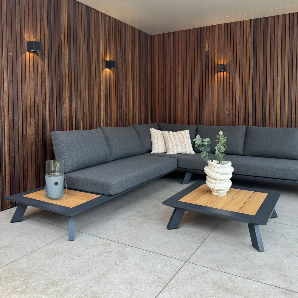 Fermo/Mida hoek loungeset 5 personen | aluminium + teakhout | met vuurtafel | 3-delig - 277x277cm