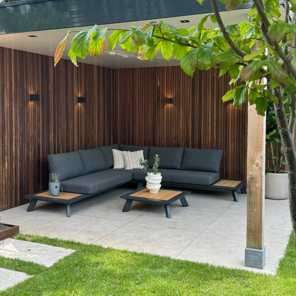 Fermo/Mida hoek loungeset 5 personen | aluminium + teakhout | met vuurtafel | 3-delig - 277x277cm