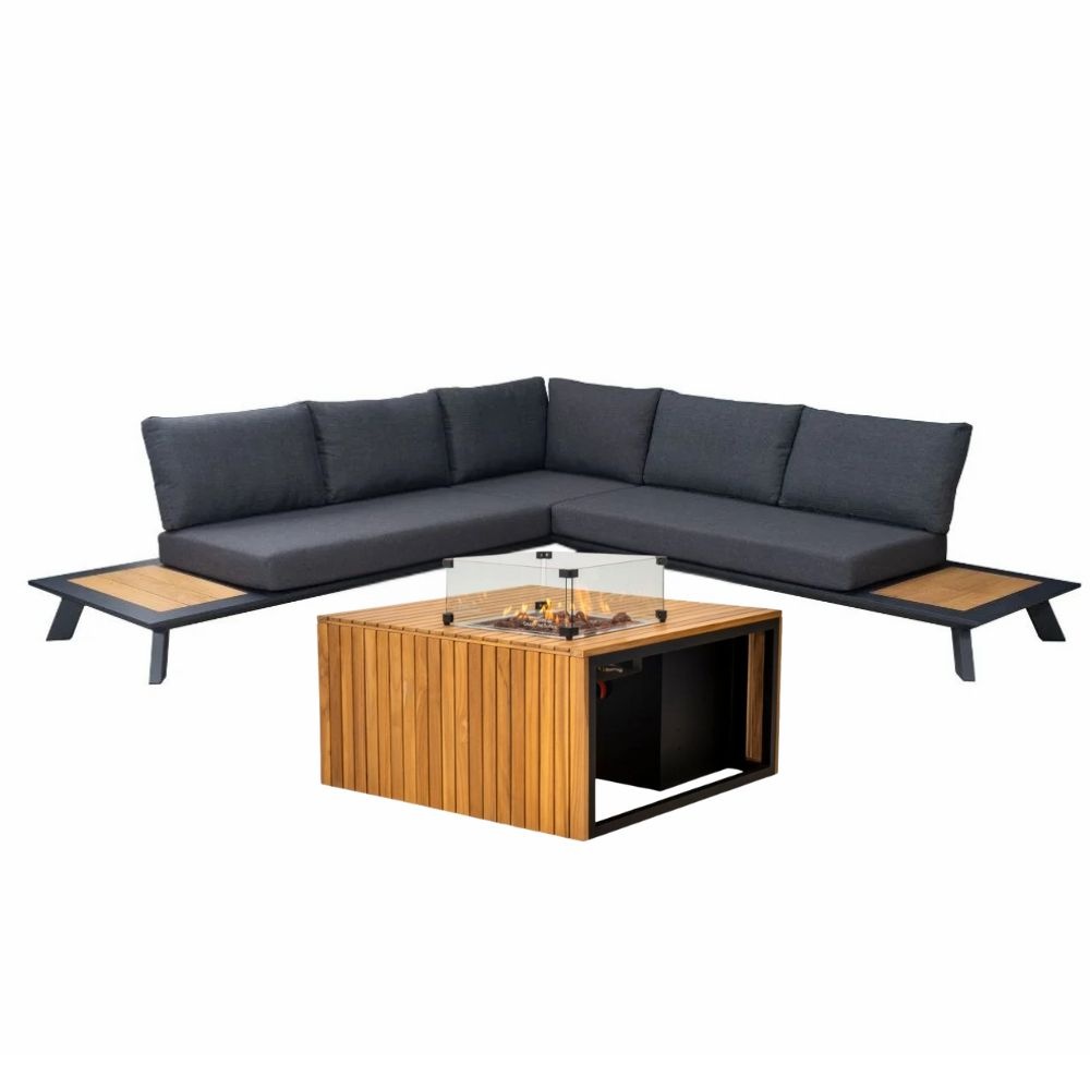 Fermo/Mida hoek loungeset 5 personen | aluminium + teakhout | met vuurtafel | 3-delig - 277x277cm
