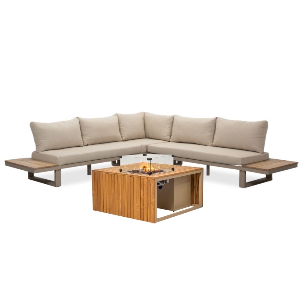 Canyon/Mida hoek loungeset met vuurtafel 5 personen | aluminium + hardhout | beige | 4-delig - 288x288cm