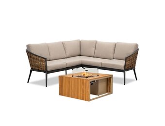 Lucca/Mida hoek loungeset met vuurtafel 4 personen | wicker + aluminium | zand | 3-delig - 196x196cm