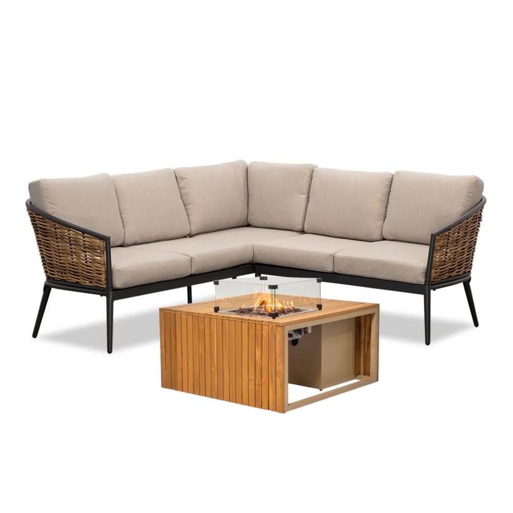 Lucca/Mida hoek loungeset met vuurtafel 4 personen | wicker + aluminium | zand | 3-delig - 196x196cm