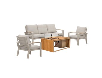 Seattle/Mida stoel-bank loungeset met vuurtafel 4 personen | aluminium + polywood | beige | 4-delig
