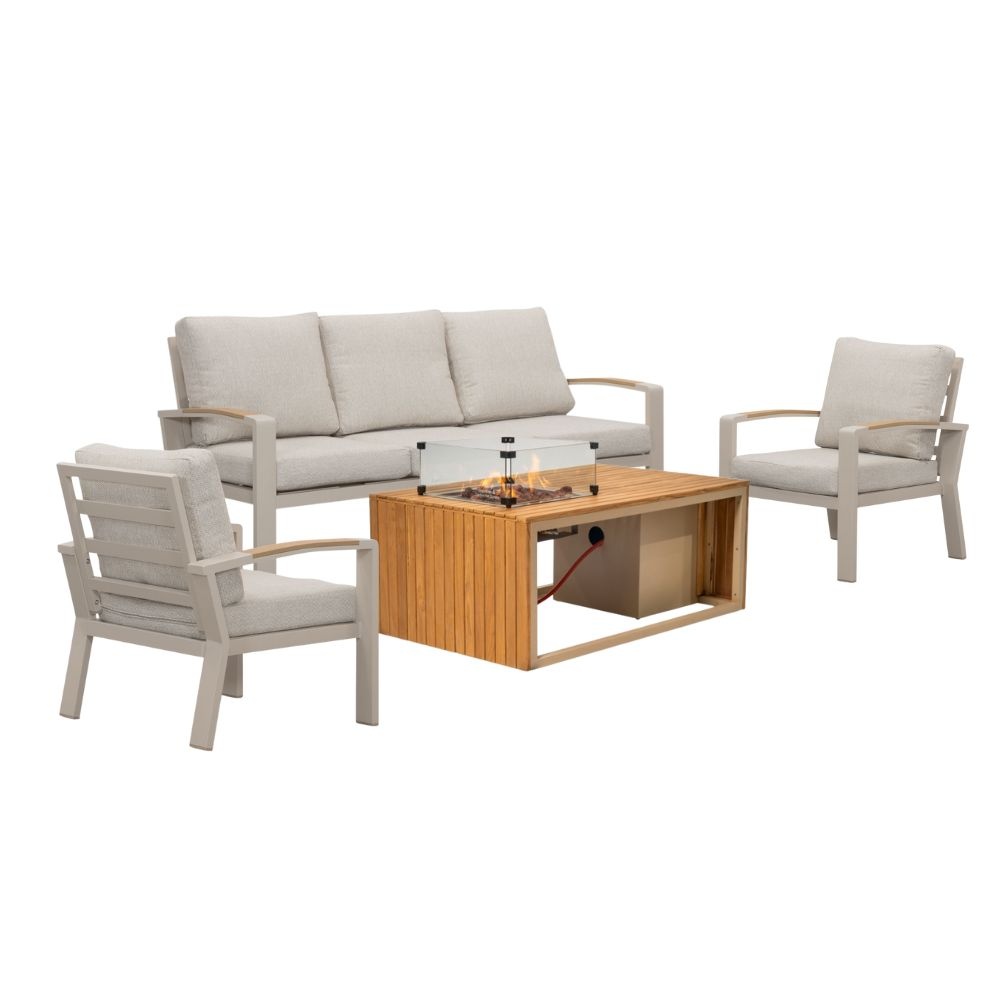 Seattle/Mida stoel-bank loungeset met vuurtafel 4 personen | aluminium + polywood | beige | 4-delig