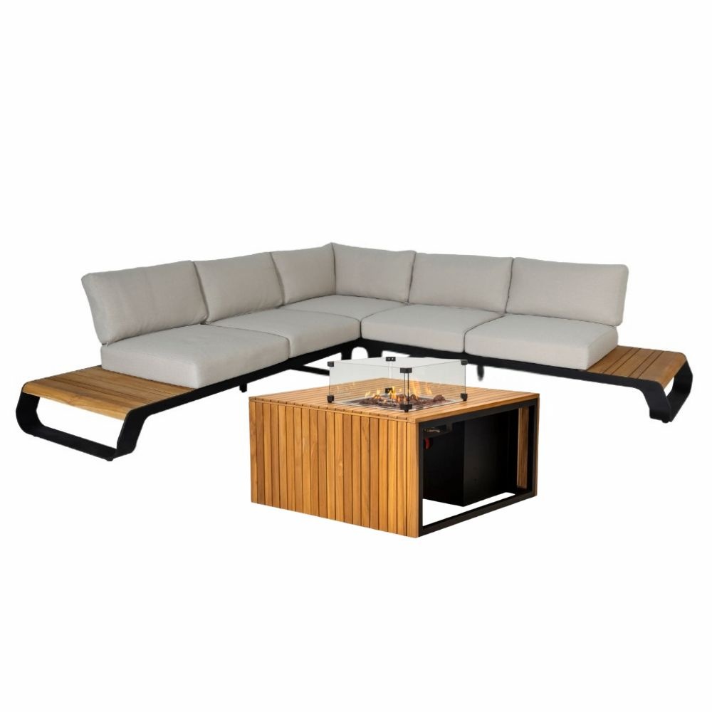 Palm Springs/Mida hoek loungeset 5 personen | aluminium + hardhout | met vuurtafel | 4-delig - 267x267cm