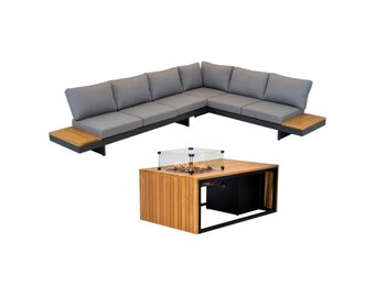 Barbados/Mida hoek loungeset met vuurtafel 6 personen | aluminium + teakhout | antraciet | 5-delig - 323x245cm