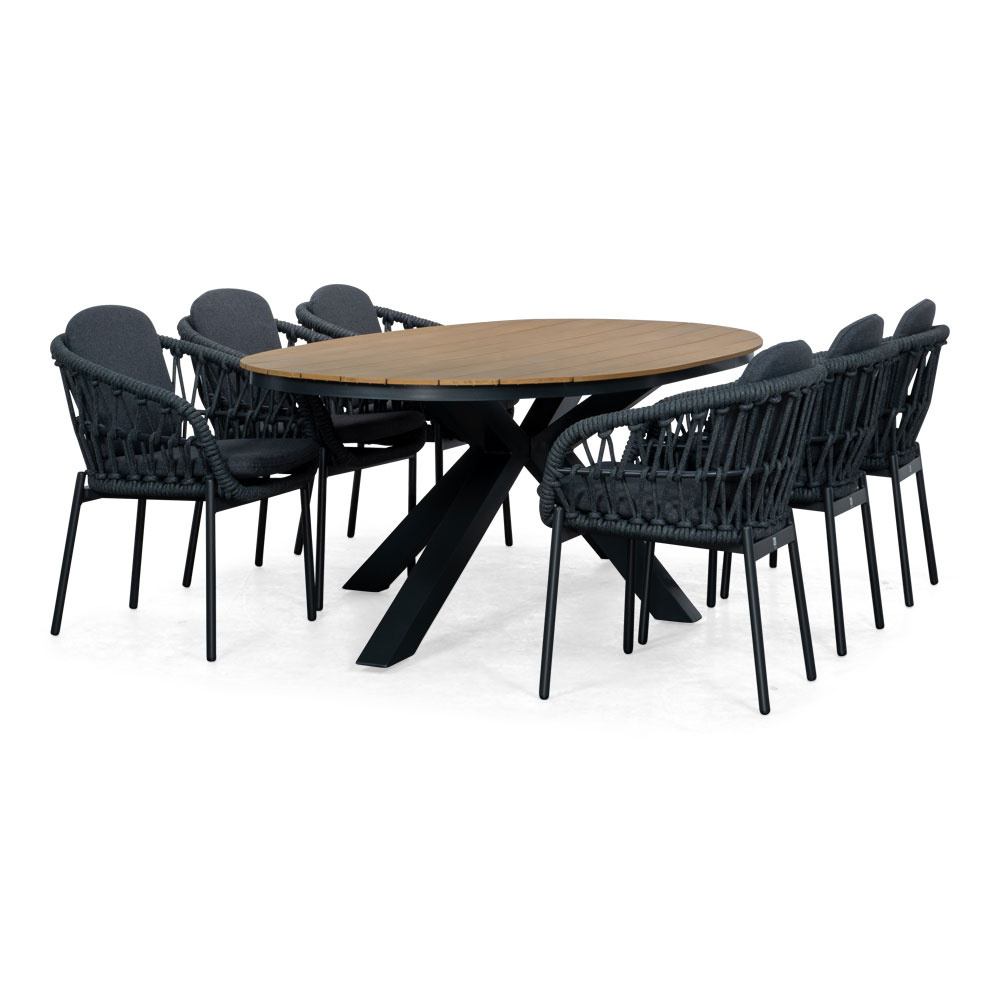 Arezzo/Kos antraciet dining tuinset | 6 personen | polywood + touw | 240x113cm ovaal