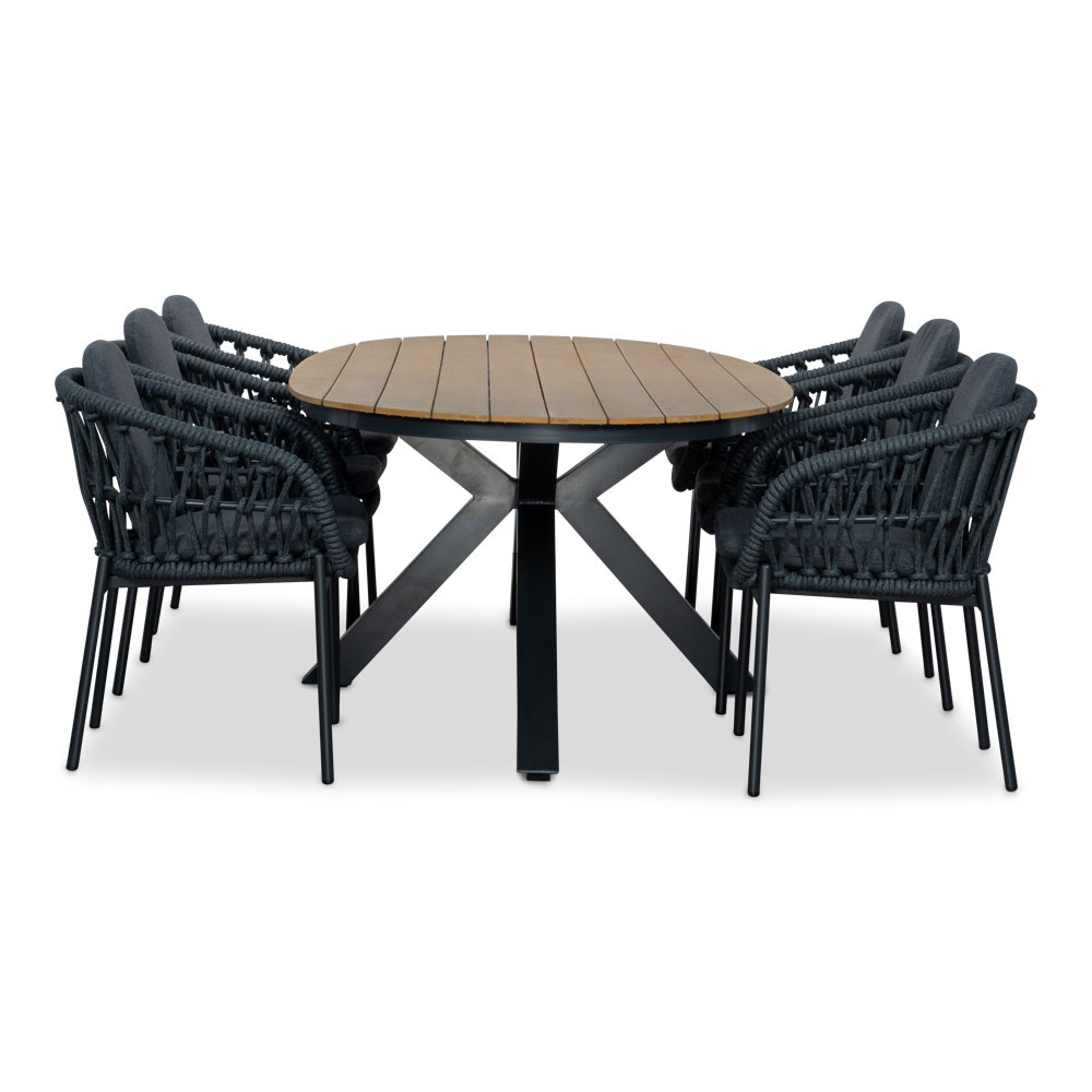 Arezzo/Kos antraciet dining tuinset | 6 personen | polywood + touw | 240x113cm ovaal