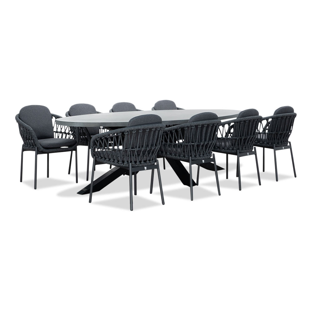 Stockholm/Kos antraciet dining tuinset 9-delig | betonlook + touw | 280cm