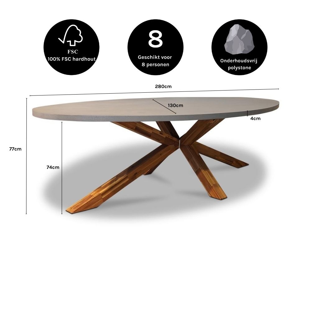 Livorno/Rochefort zand dining tuinset 9-delig | betonlook + touw | 280cm