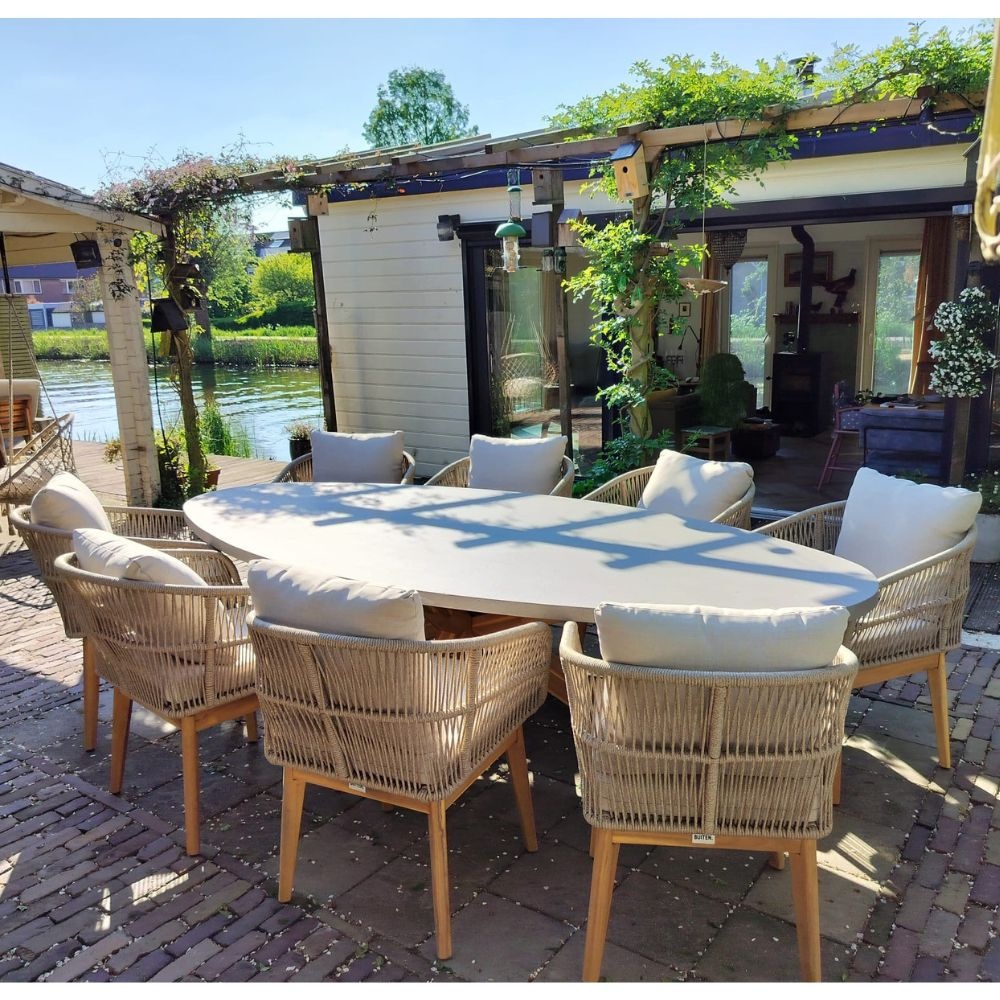 Livorno/Rochefort zand dining tuinset 9-delig | betonlook + touw | 280cm