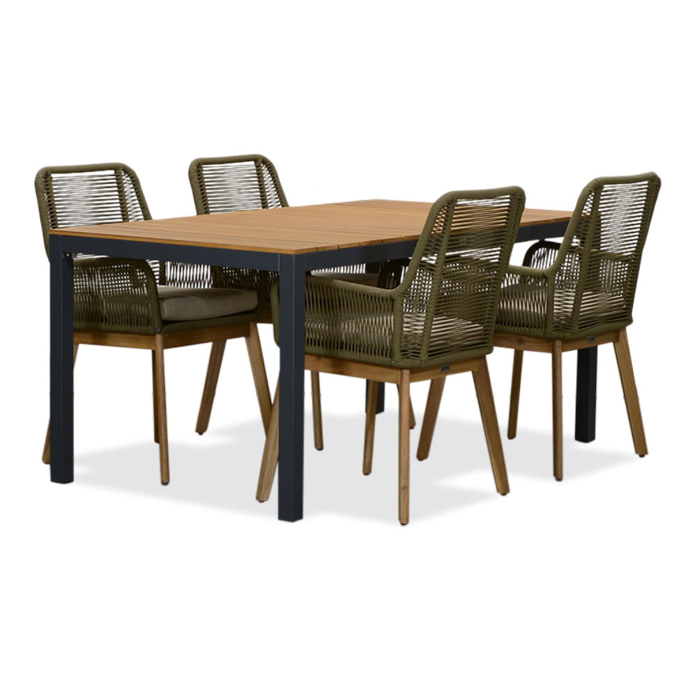Delta/Padua olijfgroen dining tuinset 5-delig | teakhout + touw | 160cm