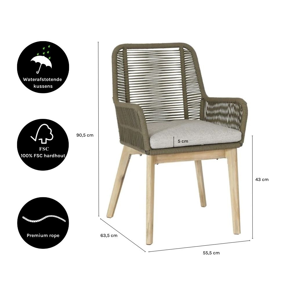 Delta/Padua olijfgroen dining tuinset 5-delig | teakhout + touw | 160cm