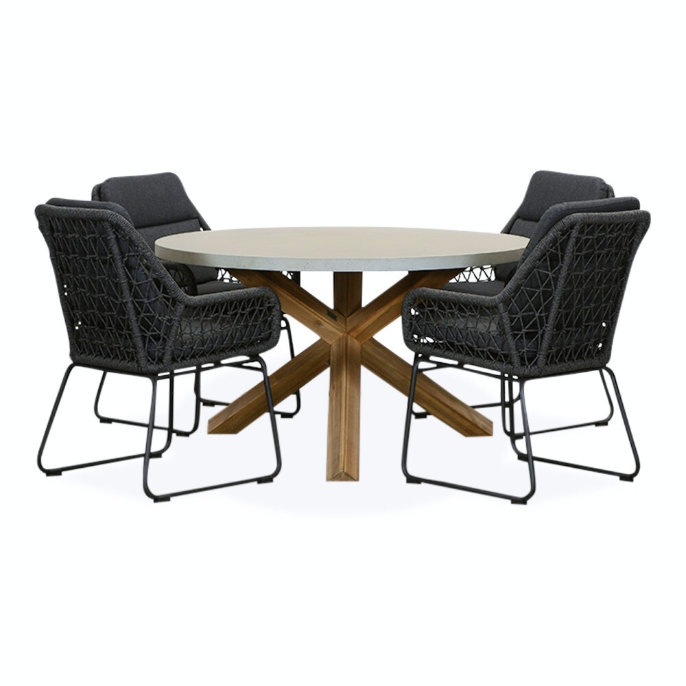 BUITEN living Nancy/Valencia Lava Grey dining tuinset | 4 personen | betonlook + touw | 135cm rond – Grijs