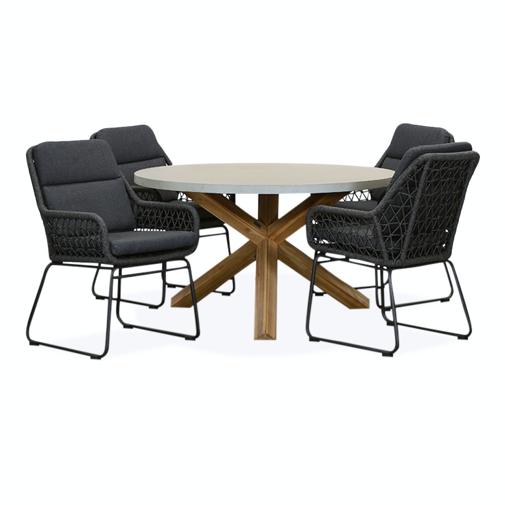 Nancy/Valencia Lava Grey dining tuinset 5-delig | betonlook + touw | 135cm rond