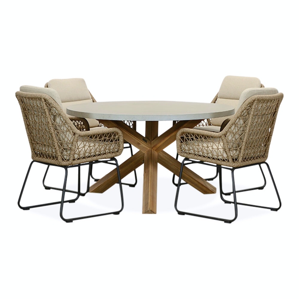 Nancy/Valencia Sahara Dust dining tuinset | 4 personen | betonlook + touw | 135cm rond afbeelding