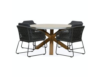 Nancy/Tulum Lava Grey dining tuinset | 4 personen | betonlook + touw | 135cm rond