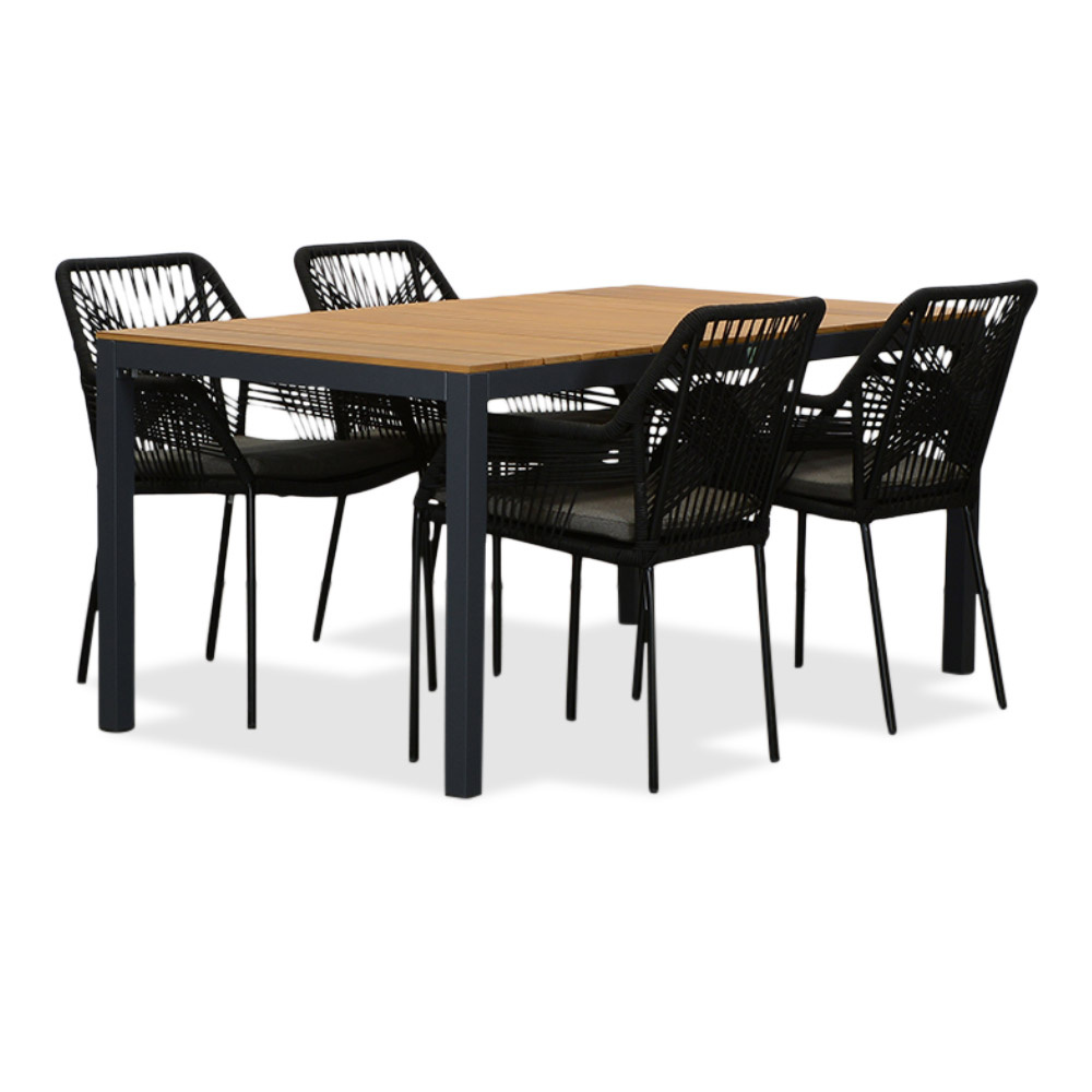 Delta/Seville zwart dining tuinset 5-delig | teakhout + touw | 160cm