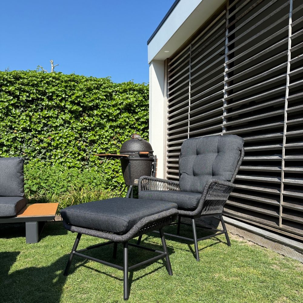 Dex loungestoel tuin incl. voetenbank | touw + aluminium | Lava Grey