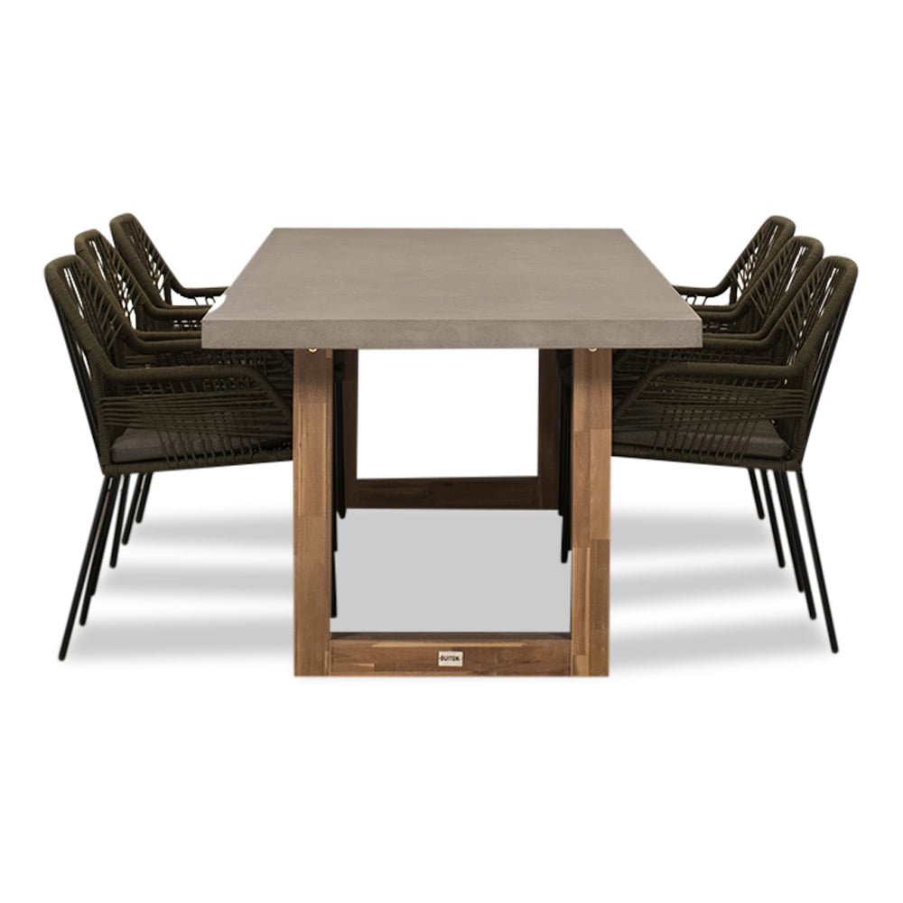 Laussane/Seville olijfgroen dining tuinset 7-delig | betonlook + touw | 250cm