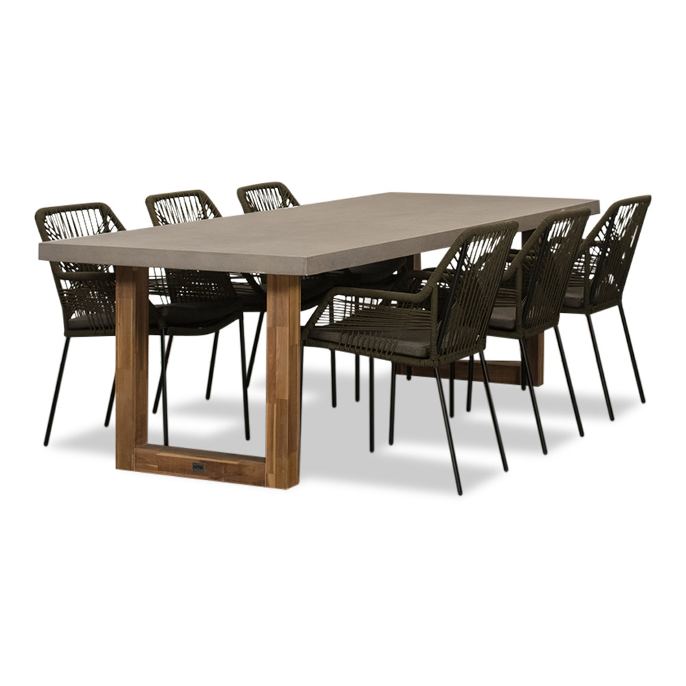 Laussane/Seville olijfgroen dining tuinset 7-delig | betonlook + touw | 250cm