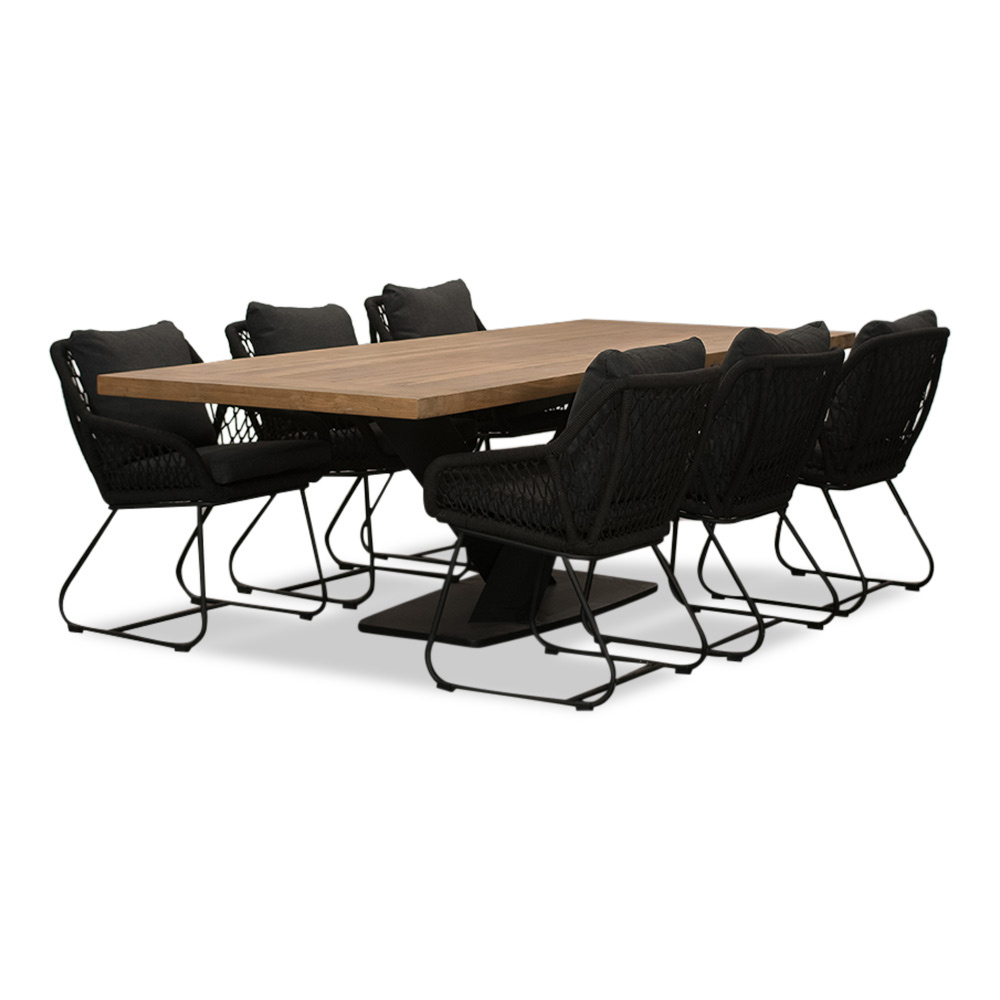 Taranto/Portofino zwart dining tuinset 7-delig | teakhout + touw | 240cm