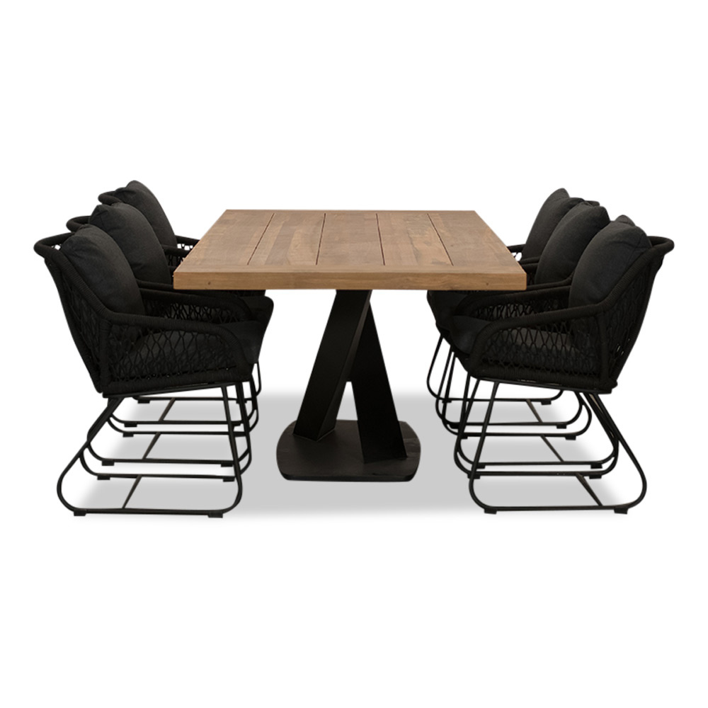Taranto/Portofino zwart dining tuinset 7-delig | teakhout + touw | 240cm