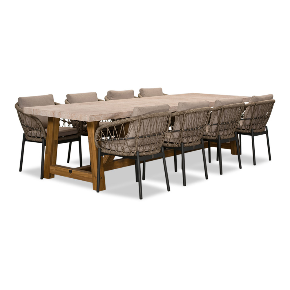 Velora/Dakota beige/antraciet dining tuinset | 8 personen | travertin + touw | 300cm afbeelding
