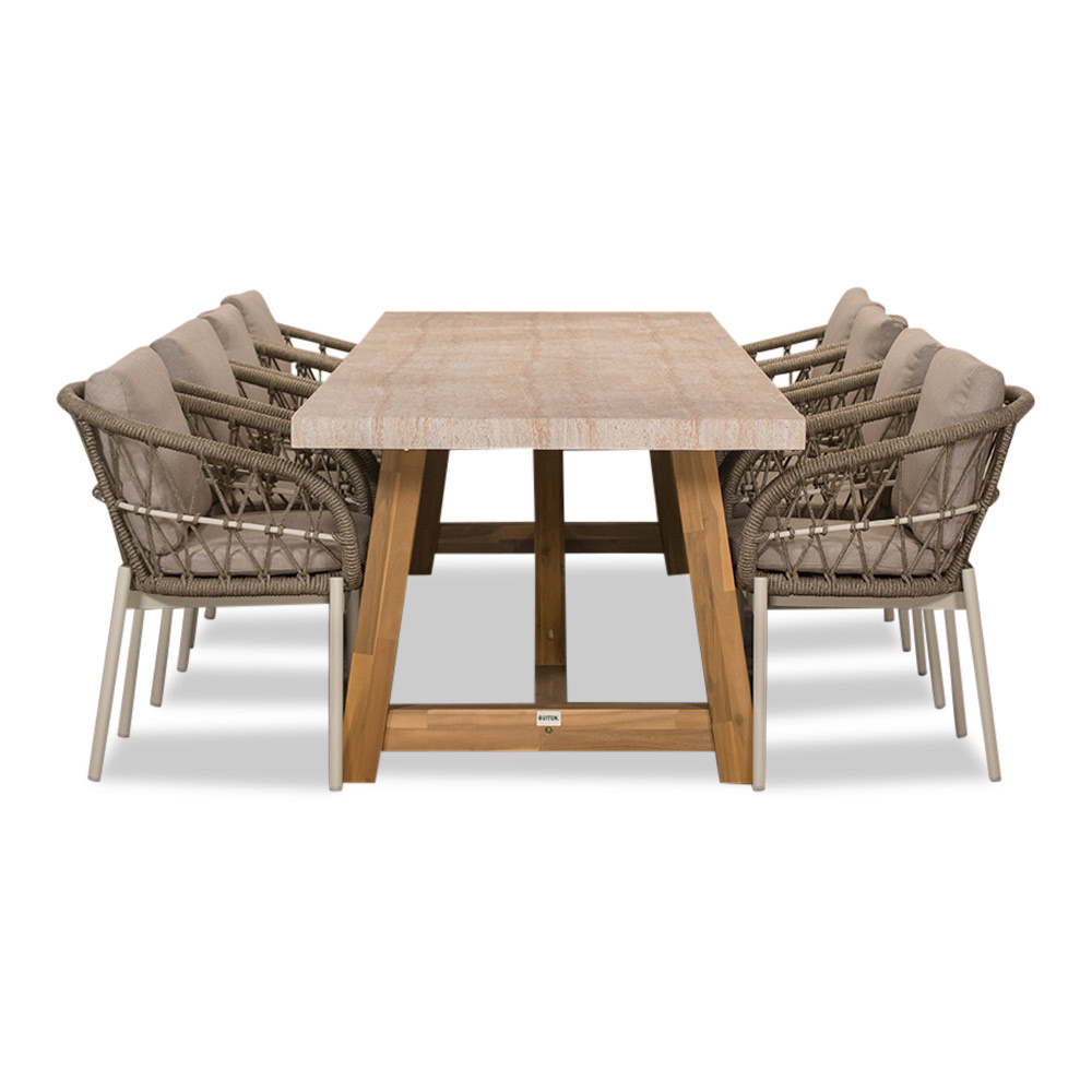 Velora/Dakota beige/wit dining tuinset | 8 personen | travertin + touw | 300cm
