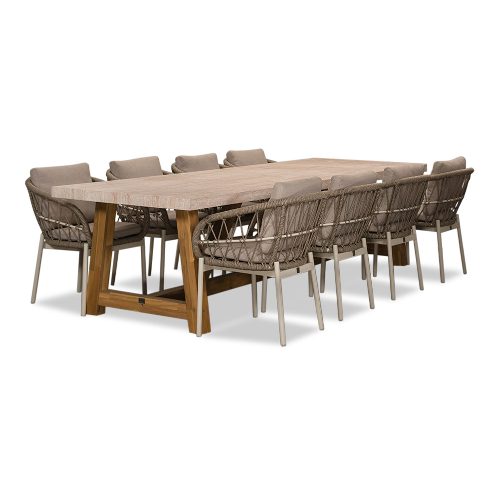 Velora/Dakota beige/wit dining tuinset | 8 personen | travertin + touw | 300cm afbeelding