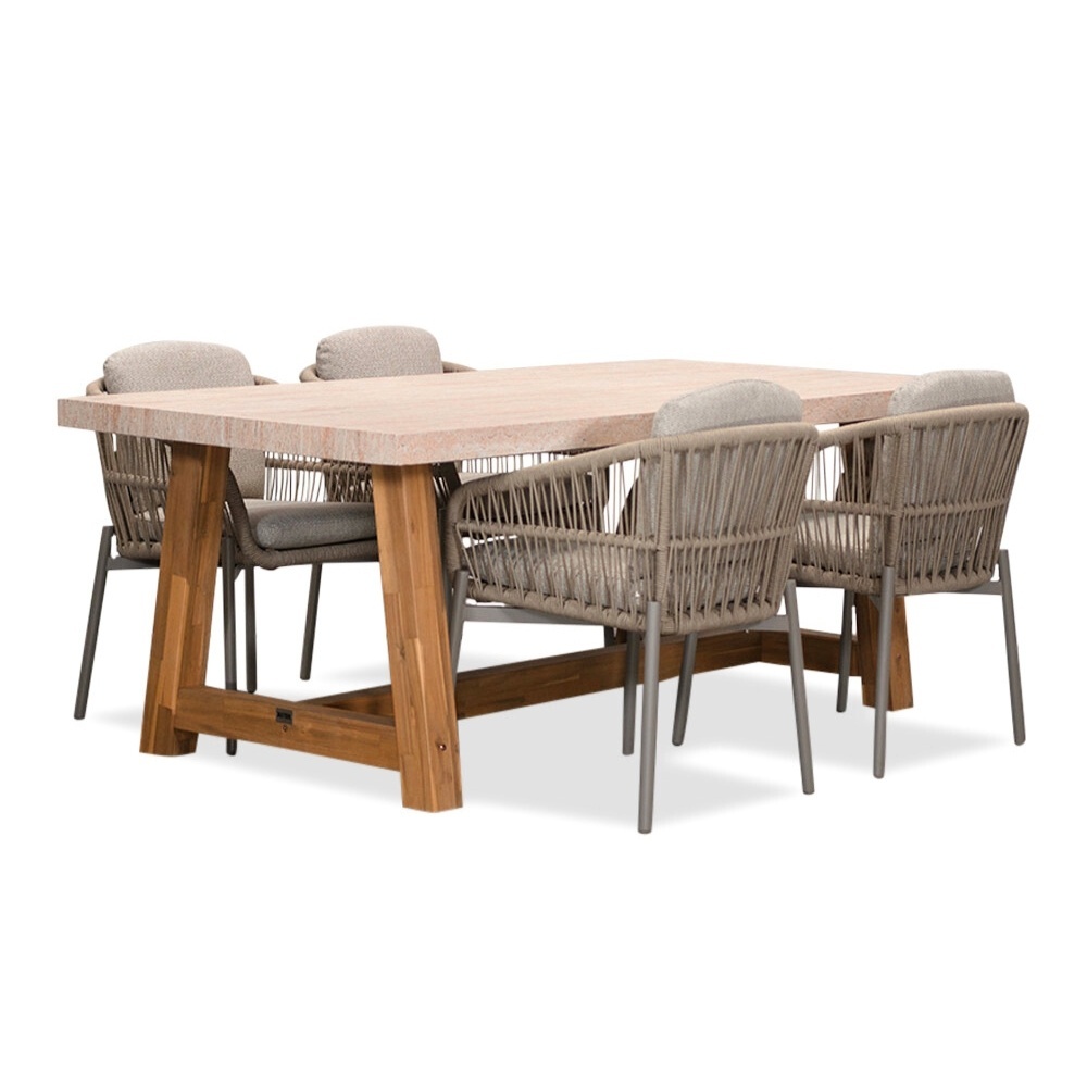 Velora/Rico zand dining tuinset | 4 personen | travertin + aluminium | 200cm afbeelding