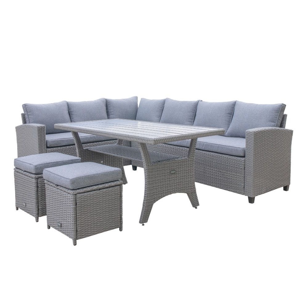 Stockholm dining loungeset met hockers 8 personen | wicker | grijs | 5-delig - 245x169cm