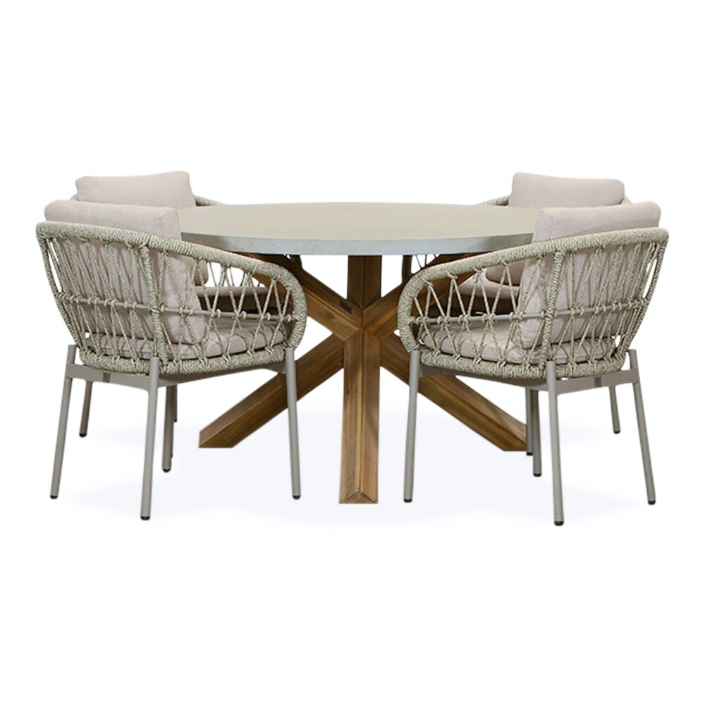 Nancy/Dakota beige dining tuinset | 4 personen | betonlook + touw | 135cm rond