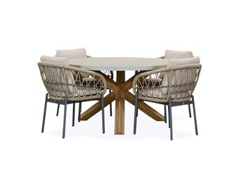 Nancy/Dakota beige/antraciet dining tuinset | 4 personen | betonlook + touw | 135cm rond