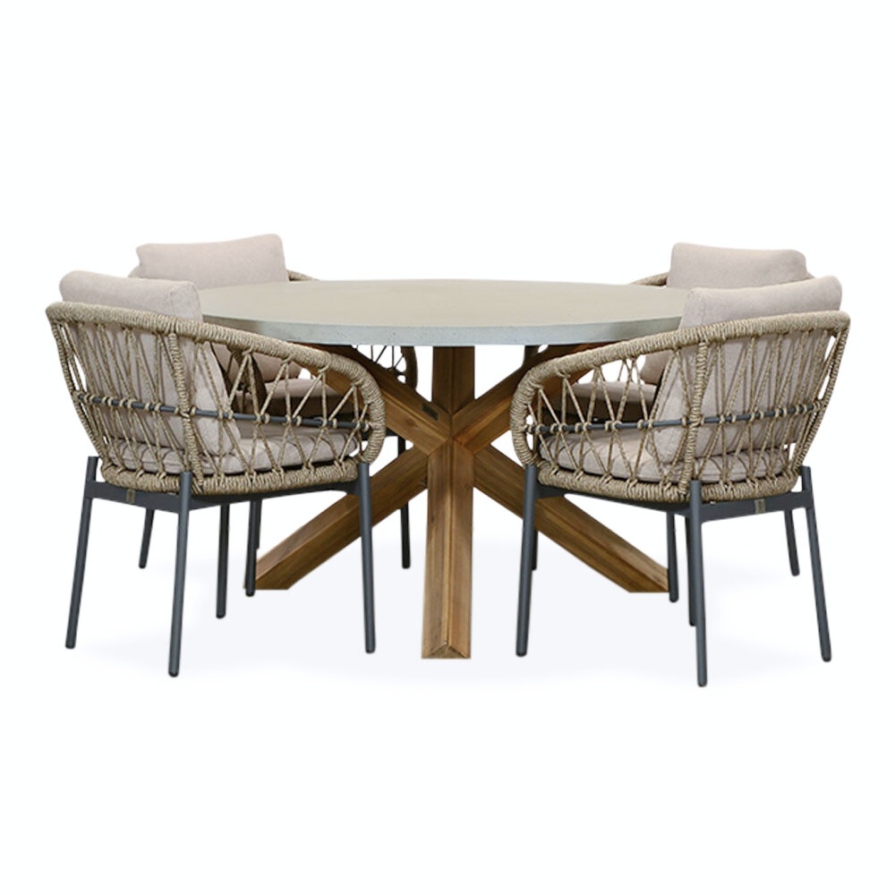 Nancy/Dakota beige/antraciet dining tuinset | 4 personen | betonlook + touw | 135cm rond afbeelding